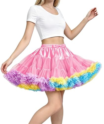 Women's Elastic Waist Chiffon Petticoat Puffy Tutu Tulle Skirt Princess Ballet Dance Pettiskirts Underskirt (Pink*Rainbow) One Size Short - Image 1