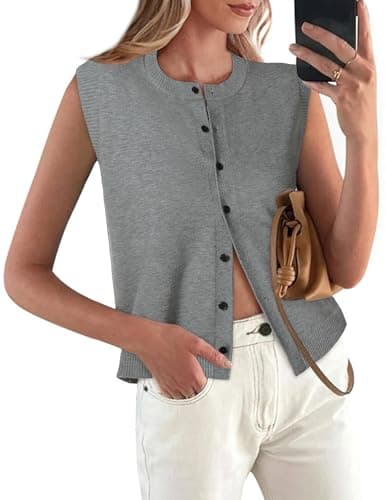 COCCKO Womens Sweater Vest Sleeveless Cardigan Button Up Crew Neck Summer Lightweight Knit Tank Top Grey - Image 1