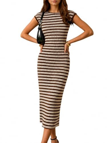 itnpbwus Women's Striped Midi Dress Casual Bodycon Knit Dress Crew Neck Cap Sleeve Summer Dress for Women, Beach Vacation Travel Brown XL - Image 1