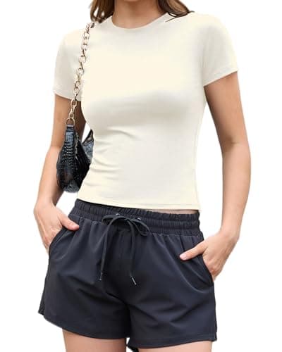 Abardsion Women's Cotton Classic Basic Slim Baby Tees - Y2K Tops Short Sleeve Crewneck Summer Crop T Shirts, Beige, Large - Image 1