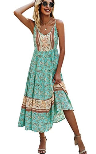 Angashion Women's Dresses Floral Adjustable Spaghetti Strap V Neck Boho Long Maxi Dress Summer Beach Flowy Ethnic Sundress 2141 Green Medium - Image 1