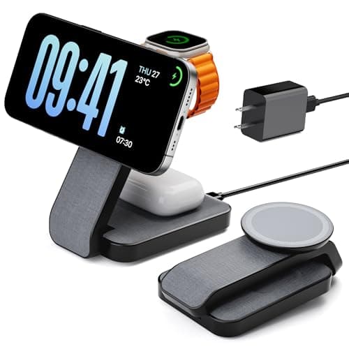 Eazpower 3 in 1 Foldable Wireless Charging Station for MagSafe, Nightstand Magnetic Charger Stand for iPhone 17 16 15 14 Pro Max, Travel Charging Dock with Night Light for Apple Watch/AirPods (Black)