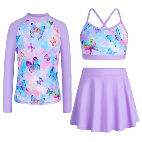 Seanrui Kids Bathing Suits Girls Rash Guard with Shorts Long Sleeve Cute Swimsuits Size 7 Purple Butterfly - Image 1