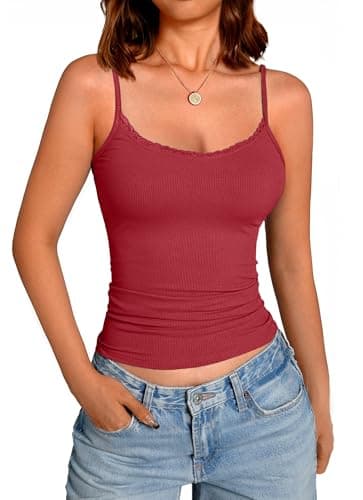 GKBK Women's Sexy Lace Cami Tops Scoop Neck Adjustable Spaghetti Straps Tank Top Ribbed Sleeveless Summer Y2k Going Out Party Club Camisole Wine Red S - Image 1
