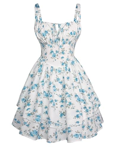 Scarlet Darkness Floral Mini Corset Dress for Women Teen 2026 Summer Spring Flowy A-Line Sundress with Pockets White Blue Floral XL - Image 1