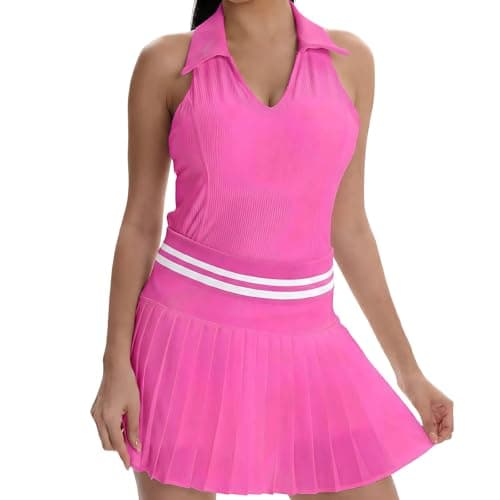 VIPARK Womens Tennis Skirt Set Sleeveless Ribbed Fitted Top and Pleated Mini Skirt with Built in Shorts Pockets Athletic Golf Workout Activewear Outfit Rose Red - Image 1
