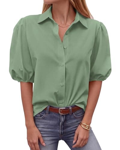 BTFBM Women's Button Down Shirts Short Puff Sleeve Collared V Neck 2026 Summer Tops Dressy Casual Work Business Blouses(Sage Green, Medium)