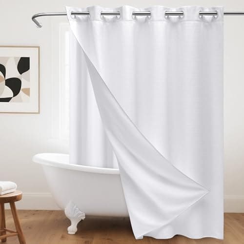 PILOTSHARK No Hook Waffle Weave Shower Curtain with Snap-in Fabric Liner,256GSM Heavy Duty Fabric Shower Curtain Set,White Waterproof Washable Luxury Shower Curtain for Bathroom Stall (72x75 Inch) - Image 1