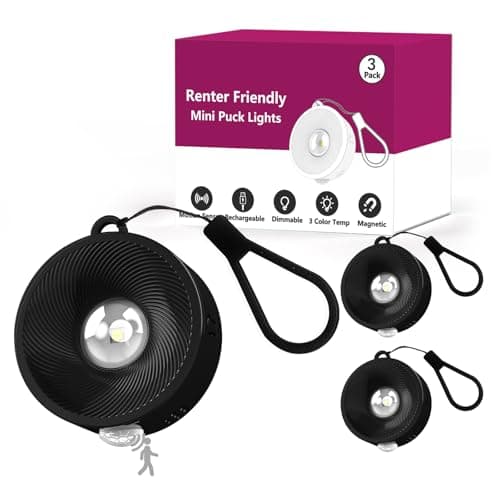 2" Rechargeable Mini Puck Lights w/Lanyard, Renter Friendly Magnetic Stick On Battery Operated Lights, Wireless Motion Sensor Light Indoor for Closet, Wall, Shelves, Kitchen, Locker - 3Pack/Black - Image 1