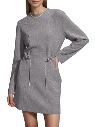 COCOMARTS Womens Long Sleeve Crewneck Sweatshirt Dress Drawstring Waistband Casual Tunic Tops Mini Dresses 2025 Fall Clothes Gray Medium