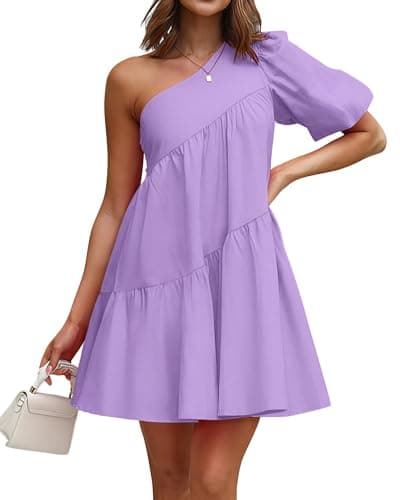 KIRUNDO Summer One Shoulder Mini Baby Doll Dresses Women 2026 Casual Puff Sleeve Loose Tiered A Line Flowy Short Dress(Purple, Medium) - Image 1
