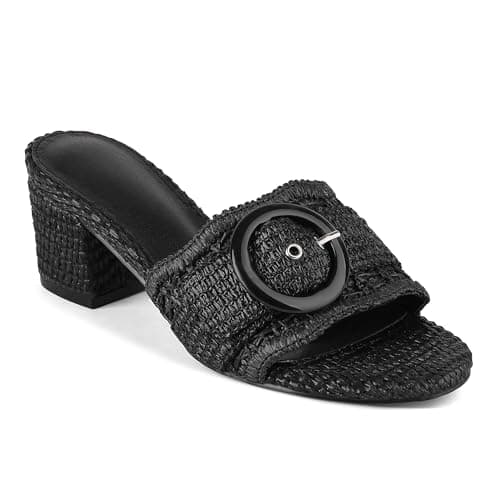 Grakihily Womens Raffia Mule Slides Sandals Open Toe Backless Buckle Heeled Sandals Chunky Block Heel Bohemia Beach Dressy Slip on Summer Shoes,Black Size 9 - Image 1