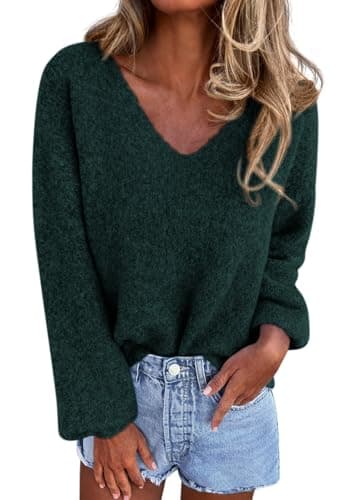 KIRUNDO Sweaters for Women Fall 2026 Oversized V Neck Cozy Cute Casual Long Sleeve Knit Pullover Trendy Winter Clothing(Dark Green, Medium) - Image 1