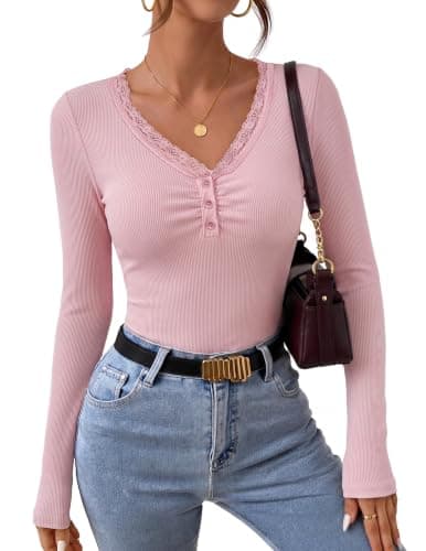 MEROKEETY Women's Long Sleeve V Neck Lace Trim Cute Tops, Pink, X-Large - Image 1