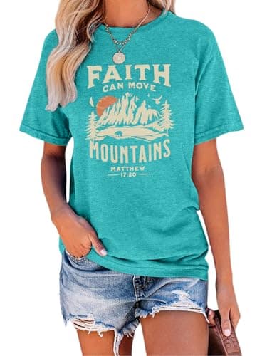 GEMLON Christian Shirts for Women Faith T-Shirt Ladies Hiking Camping Mountain Short Sleeve Graphic Tees - Image 1