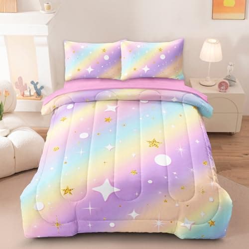 HICAND 5 Pcs Full Bedding Sets for Girls, Pink Glitter Rainbow Bed in A Bag Full Size Bed Set, Stars Galaxy Bedding Comforter Set for Girls - Image 1