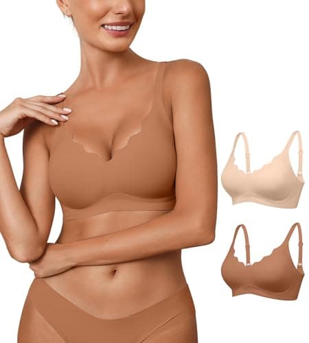 Womens Seamless Bras No Underwire Wireless Push Up Full Coverage Bra Scalloped V Neck T-Shirt Bra Comfort Bralettes(2P3,XXL)
