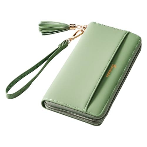 Travelambo Womens Wallet Tassel Bifold Ladies Clutch Wristlet Wrist strap Long Purse (Access Green Light) - Image 1