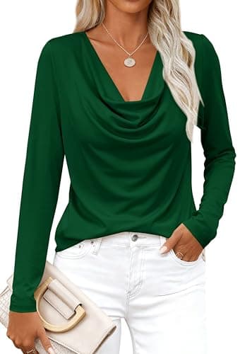 PRETTYGARDEN Womens Spring Tops 2026 Dressy Cowl Neck Long Sleeve Shirts Loose Business Casual Blouses Teacher Tunic Top(Dark Green,Medium) - Image 1