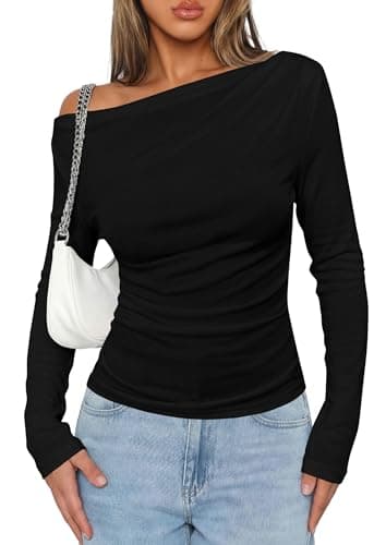 PRETTYGARDEN Off The Shoulder Tops for Women Going Out Long Sleeve Shirts 2026 Fall Casual Fitted Ribbed Ruched Y2K Clothes (Black,X-Large) - Image 1