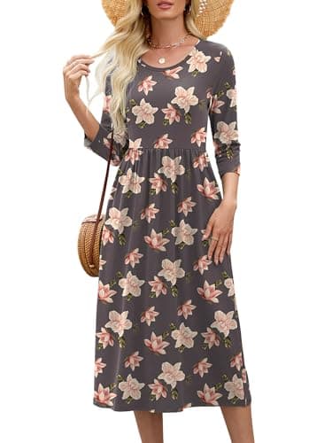 Heymoments Midi Dress for Women Floral Medium Crewneck 3/4 Sleeves Wedding Guest A line Casual Flowy Swing Party Vintage Spring Fall Winter Travel 2026 Long Dresses with Pocket - Image 1