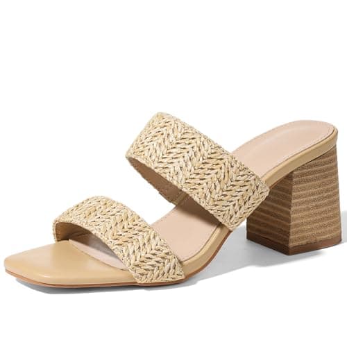 Ancomafio Women's Heeled Sandals Strappy Square Open Toe Heels Backless Mules Slip On Block Heels Summer Vacation Shoes Nude size 6 - Image 1