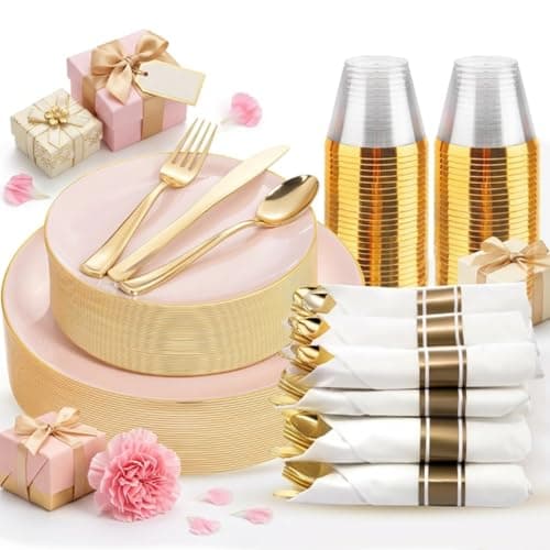 KIRE 175PCS Pink Plates Disposable - Heavy Duty Pink and Gold Plastic Plates Dinnerware Sets - 25 for Dinner 25 for Dessert 25 Pre Rolled Napkins 25Cups for Spring/Wedding/Party/Baby Shower - Image 1