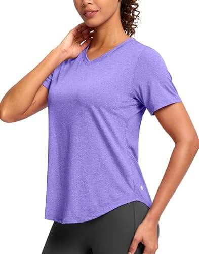 Womens Workout Shirts V-Neck Short Sleeve UPF 50+ Sun Shirt Moisture Wicking Dry Fit Top for Gym, Running, Athletic (Heather Dark Purple, XS) - Image 1