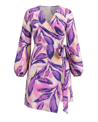 Women's 2026 Casual Puff Balloon Long Sleeve Wrap V Neck Asymmetrical Irregular High Low Hem Beige and Purple Floral Leaf Print Tie Elastic Waist Vocation Cocktail Dating Semi Formal Elegant Dresses - Image 1