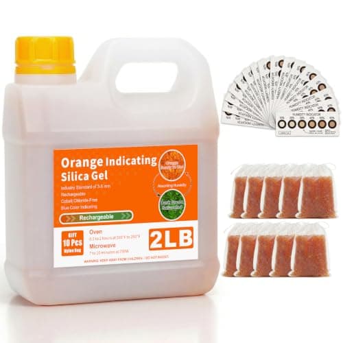 MATEAM 2LBS Cobalt-Free Orange Indicating Silica Gel, Safe Reusable Desiccant Beads with 10 Nylon Bags & 25 Humidity Test Cards, 3D Printer Desiccant & Storage Packs - Image 1