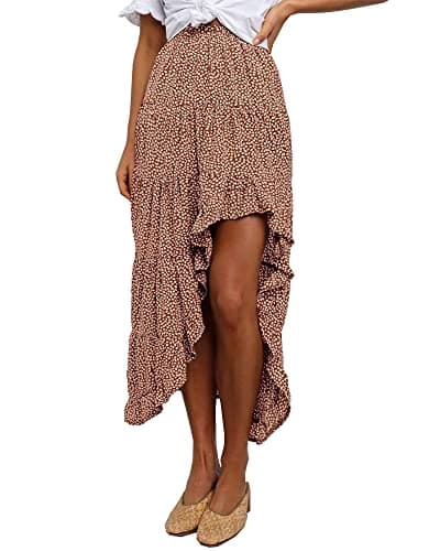 BTFBM Women 2026 Spring Summer Long Skirts Dress Boho Floral Elastic Waist Split Ruffle High Low Beach Maxi Skirt Clothes(Brick Red, Medium) - Image 1