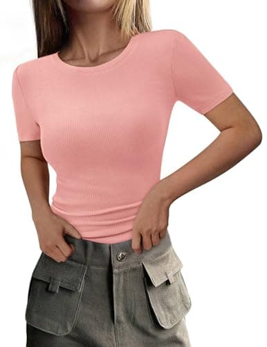 PRETTYGARDEN Women 2026 Summer Crew Neck Short Sleeve Tops Ribbed Knit Slim Fit Fashion Basic Tee Shirts Casual Going Out Top (Pink,X-Small) - Image 1