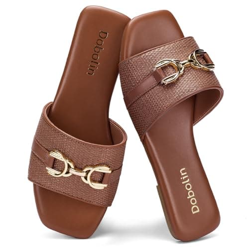 DOBOLIN Women's Raffia Flat Sandals Wide Width Slip On Slides Open Square Toe Woven Sandals with Metal Horsebit for Casual Summer Beach Brown Size 6-11 - Image 1