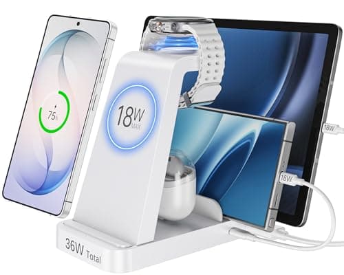 5 in 1 Wireless Charger for Samsung, Wireless Charging Station for Multiple Devices, Fast Charger Stand for Samsung Galaxy S25 Ultra S24 S23 S22 S20 Note 20 10 Z Fold 7 6 Galaxy Watch 7 6 5 Buds,White - Image 1