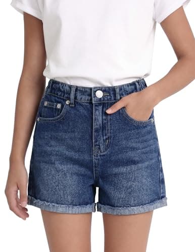 PATPAT Girls Jean Shorts 5-14Y, Cute Mid Waist Straight Leg Denim Shorts with Elastic Waistband & Frayed Cuffed Hem Deep Blue 5-6Y - Image 1