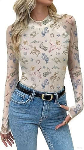 Mesh Long Sleeve Shirts for Women See Through Graphic Tees Sexy Costumes Y2k Mock Christmas Party Outfits Western Rodeo Tops Apricot - Image 1