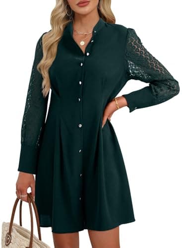 Happy Sailed Dresses for Women 2025 Elegant Classy Fall Crewneck Lace Long Sleeve Button Slim A Line Mini Dress Dark Green Large - Image 1