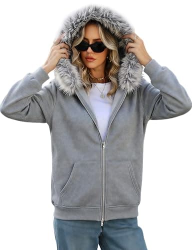 Wyeysyt Women's Y2k Hoodie Jacket Faux Fur Zip Up 2000s Clothing Emo Grunge Coat 90S Hood Vintage Teen Sweatshirts(DarkGrey,L) - Image 1