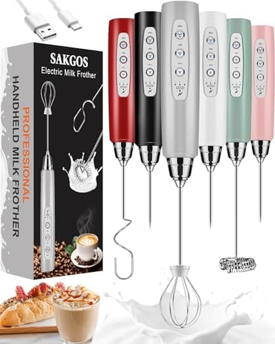 Sakgos Milk Frother Rechargeable Handheld-Electric Whisk 3 Speed Adjustable, Coffee Frother Wand with 3 Stainless Whisks, Electric Foam Maker, Drink Mixer Blender for Latte Cappuccino Matcha Egg - Image 1