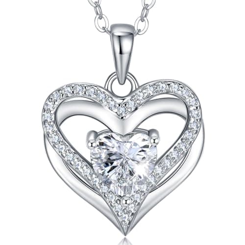 JACUPO 1CT Double Heart Moissanite Necklace for Women D Color VVS1 S925 Sterling Silver 18K White Gold Plated Jewelry for Mother Love Friend Mother’s Day Birthday Gift for Her 18inch (for Lover) - Image 1