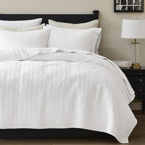 palassio White 100% Cotton Quilt Twin Size Bedding Sets with 1 Pillow Sham, Textured Lightweight Soft Bedspread Shabby Chic Coverlet, Quilted Thin Comforter Bed Cover for All Season, 2 Pieces - Image 1