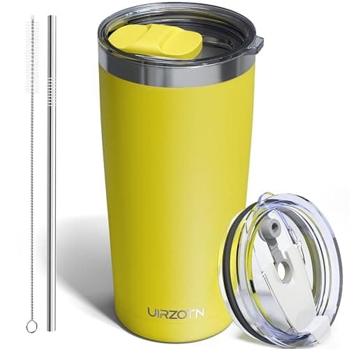 UIRZOTN Travel Coffee Tumbler 20oz, Travel Coffee Mug with Dual Lids and Straw, Stainless Steel Double Wall Vacuum Insulated Tumbler for Hot/Iced Drinks (Yellow, Textured Matte)