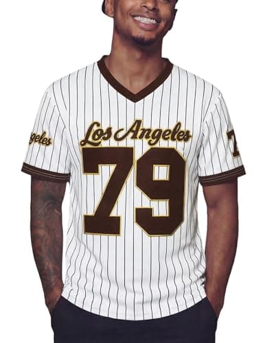 Vamtac Striped Jersey Shirts for Men Baggy Y2K V Neck Number Graphic Tees Summer Tops Bright Brown L - Image 1