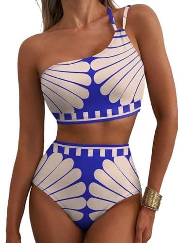 Herseas Women's High Rise Bikini Sets One Shoulder Swim Suit Tummy Control Removable Padded Wire Free Bathing Suits 2 Piece Sets Classic Vacation Essentials Blue Scallop Print Large - Image 1