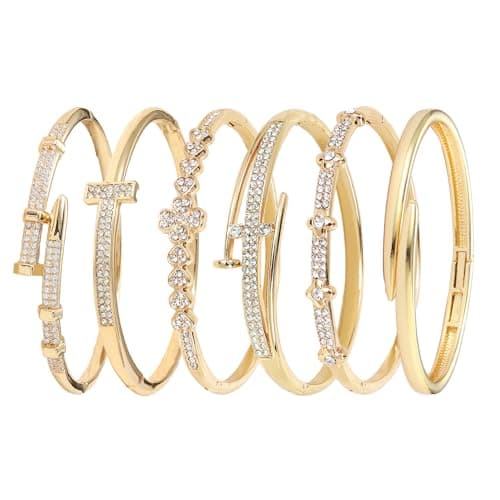 Pack of 6 - Gold Bracelet Bangles Bulk Set for Women,Trendy Stackable, Zinc Alloy Rivet & Four-Leaf Clover Design Stackable Bangles with Rhinestones, 7-inch Circumference Fits Most Adults, Jewelry Gift for Her, Girlfriend, Wife, Mom, Sister, Lover on Birthday, Christmas, Valentine's Day, Mother's Day - Image 1