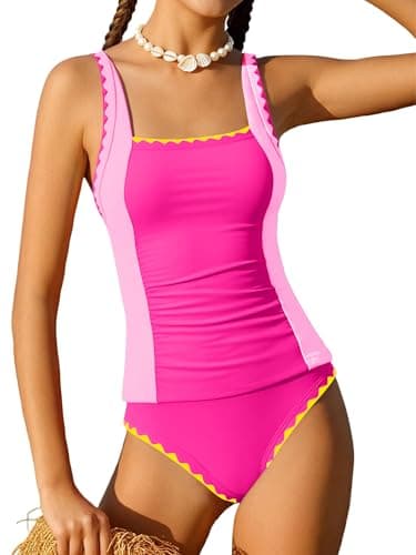 GEMLON Girls Summer Swimwear Solid Color Padded Adjustable Strap Girls Swimsuit Size 10-12 Ruched Tankini Set 2 Piece Beach Bathing Suit (Pink, 11-12 Years) - Image 1