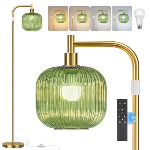 QiMH Glass Floor Lamp for Living Room, Modern Standing Lamp with Green Ribbed Glass Lampshade, Remote Control & Adjustable Height, 65” - 70”Tall Lamp for Bedroom Study Room, Brushed Gold - Image 1