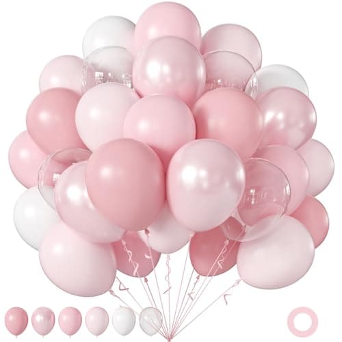 60Pcs Pink Balloons, 12Inch Double Stuffed Pearl Pink Macaron Pastel White Clear Balloons for Wedding Baby Shower Bridal Shower Engagement Birthday Party Decorations - Image 1