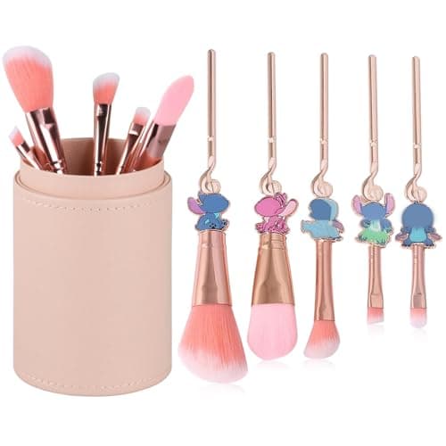 5 Pcs Makeup Brushes Set with Brushes Holder, Blue Big Eyes Alien Cartoon Makeup Brushes Set, Gifts for Women Girls - Image 1
