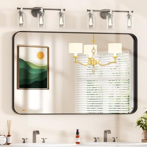 Venlus 48x30 Black Mirror for Bathroom Sink - Rectangle Mirrors for Vanity with Rounded Corners & Tempered Glass for Bathroom, Restroom, Entryway, Horizontal/Vertical Wall Mounted, Aluminum Frame - Image 1
